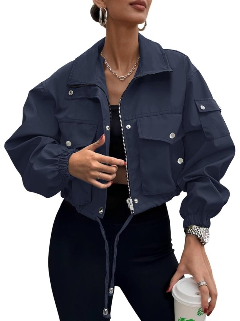 Women's Navy 100% Polyester Cropped Zip Up Cargo Utility Anorak Bomber Jacket